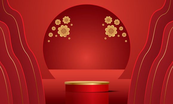 Podium and background for Chinese new year,Chinese Festivals, Mid Autumn Festival , flower and asian elements on background