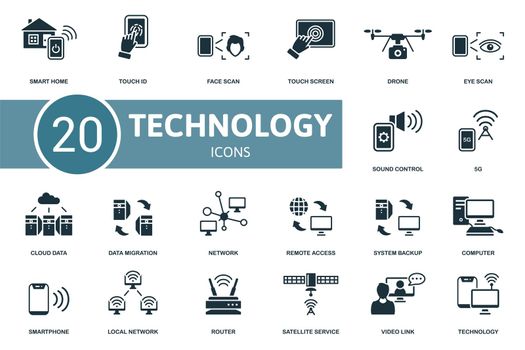 Technology set icon. Contains technology illustrations such as touch id, touch screen, eye scan and more