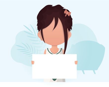 A little girl is holding an empty tablet in her hands. Rally. Flat style. Vector illustration