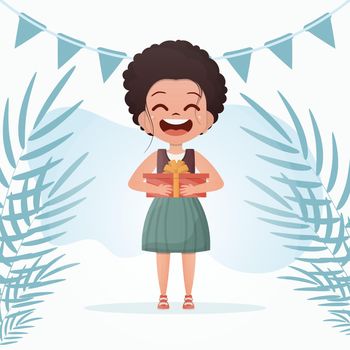 A little girl with a smile is depicted in full growth, standing in a room and holding a gift box in her hands. Birthday. Flat style. Vector illustration