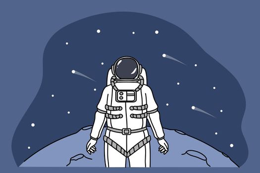 Astronaut in spacesuit explore planet in universe look in space full of stars. Cosmonaut or spaceman stand on surface of moon, have mission in open cosmos. Flat vector illustration.