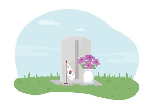 National Memorial day in Korea 2D vector isolated illustration. Soldier gravestone and hibiscus flowers flat objects on cartoon background. Honor colourful scene for mobile, website, presentation