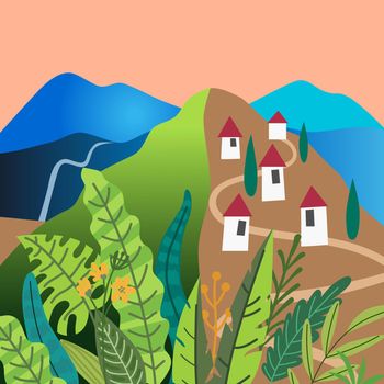 Vector village mountains landscape. Colorful beautiful illustration with mountains, houses and plants.