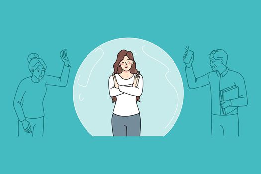 Happy young woman inside bubble ignore angry people arguing. Smiling girl separated from crowd or society. Social isolation and distraction concept. Flat vector illustration.