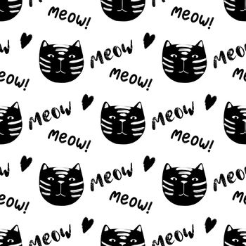 Seamless pattern with funny cats, cute doodle seamless background for kids and baby textile design. Vector illustration