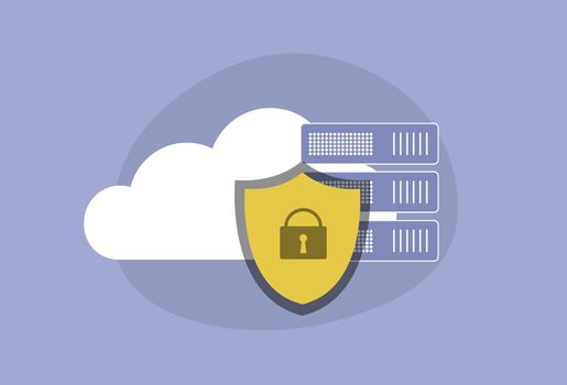 Data cloud security vector icon concept. Cloud computing technology protects personal information, encrypts secure data on servers and stores it decentralized on global network. Vector illustration
