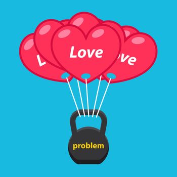 balloons of love raise a heavy weight of problems. Flat vector banner.