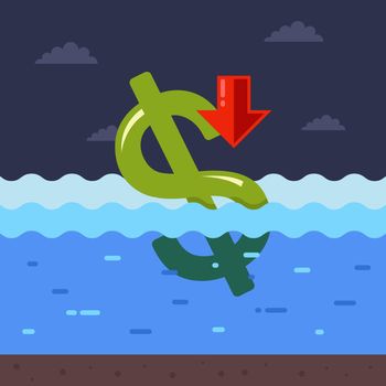 dollar is drowning in water. the economic crisis in the usa due to the coronavirus pandemic. flat vector illustration.