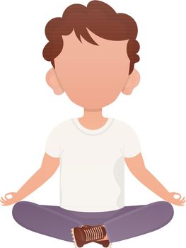 Little boy meditates Meditates. Isolated. Cartoon style. Vector illustration