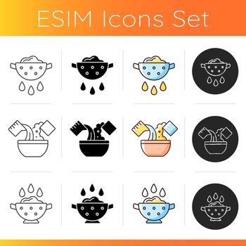 Cookery icons set. Drain water from rice. Mix ingredients for dough. Rinse products. Guide step for preparing food. Linear, black and RGB color styles. Isolated vector illustrations