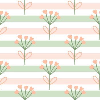 Floral summer seamless pattern with stripes. Flowers on striped background. Flowering template with greenery. Model, for fabric, textile, packaging and design vector illustration