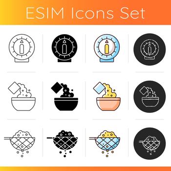 Culinary icons set. Kitchen timer. Add ingredient to bowl. Sift product through mesh. Cooking steps. Homemade meal preparation. Linear, black and RGB color styles. Isolated vector illustrations