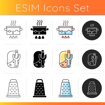 Cooking icons set. Boiling water in pot on stove flame. Peeling skin from potato with kitchen utensil. Metallic grate to cut food. Linear, black and RGB color styles. Isolated vector illustrations