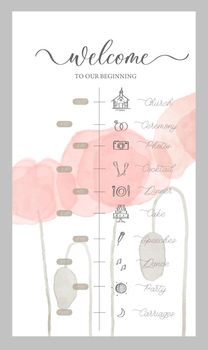 Wedding Timeline menu on wedding day with red watercolor poppy. Abstract floral art background vector design for wedding and vip cover template