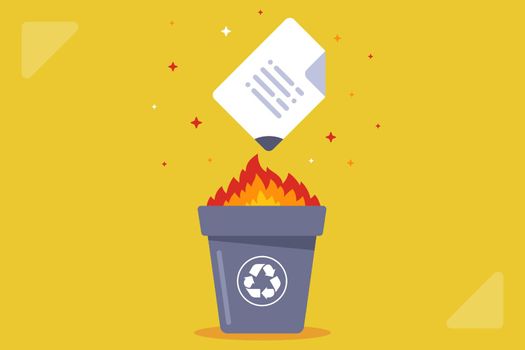burn the document in the bin. destroy data. flat vector illustration.