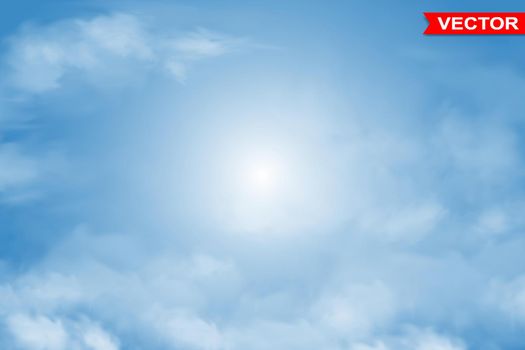Graphic photorealistic colorful blue sky with white clouds and sun. Vector background.