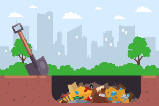 it is illegal to bury city garbage in a pit. flat vector illustration.