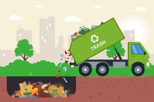 disposal of waste in a garbage pit. it is illegal to put garbage in. flat vector illustration.