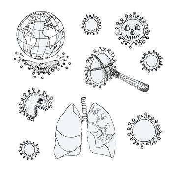 Set of ink sketch medical icon virus, cove, skull, bones isolated on white background. Design concept for your project medical, social poster against coronavirus epidemic Vector illustration.