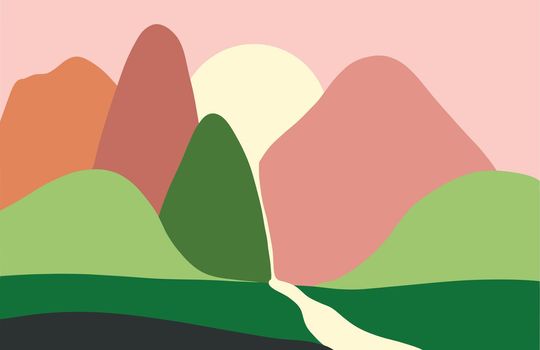 Landscape. Nature sunset in the mountains and river. Flat colorful minimalistic style