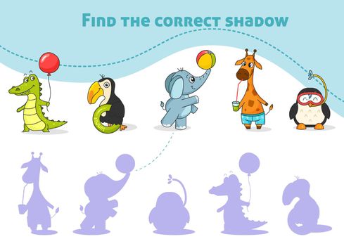 Find the correct shadow, game for kindergarten with tropical animals. Cartoon Giraffe, crocodile, toucan, elephant, penguin. Education mini-game for kids. Vector illustration printable worksheet.