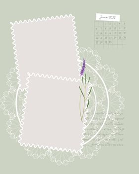 June 2022 Calendar with recipe to-do list reminder blank, scrapbooking collage vintage style, lavender hand drawn watercolor illustration. Vector illustration