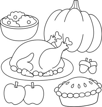 A cute and funny coloring page of a thanksgiving feast. Provides hours of coloring fun for children. To color, this page is very easy. Suitable for little kids and toddlers.