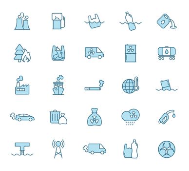pollution line vector icons in two colors isolated on white background. pollution blue icon set for web design, ui, mobile apps, print polygraphy and promo advertising business