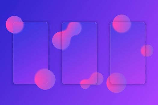 Glass morphism style modern UI template. Transparent secreen or frame with place for text and blurry shapes. Purple gradient plastic plate for web and interfaces. Vector illustration