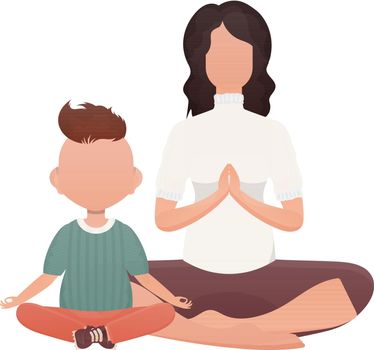 Mom and son are sitting doing meditation. Isolated. Cartoon style. Vector illustration