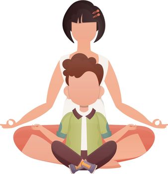 Mom and son are sitting and doing yoga. Isolated. Cartoon style. Vector illustration