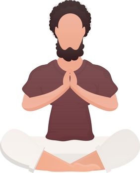 A young guy is sitting and meditating. Isolated. Cartoon style. Vector illustration