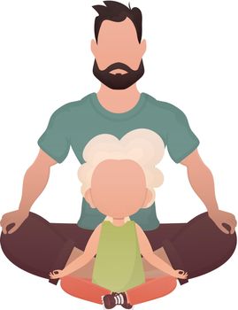 Dad and son are sitting and doing yoga. Isolated. Cartoon style. Vector illustration