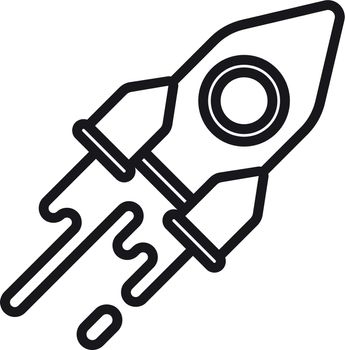 Rocket icon. Moving spacecraft in black line style isolated on white background