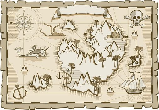 Treasure map template. Aged paper with pirate island isolated on white background