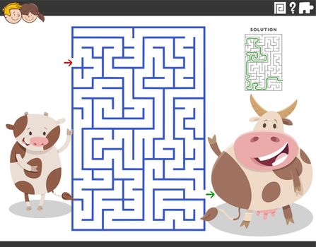 Cartoon illustration of educational maze puzzle game for children with mother cow and calf