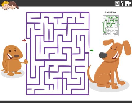 Cartoon illustration of educational maze puzzle game for children with mother dog and puppy