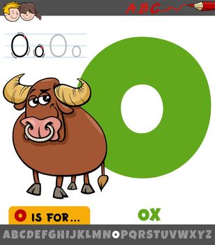 Educational cartoon illustration of letter O from alphabet with ox animal character