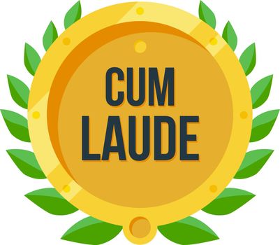 Cum laude. With praise golden badge. Traditional latin honor medal isolated on white background