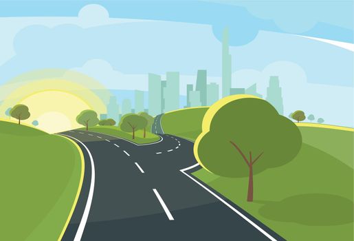 Cartoon landscape with road to city. Summer sunrise. Vector illustration