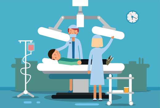 Surgical operation in hospital room interior. Medical stuff helping patient. Vector illustration