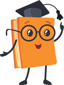 Funny book character. Textbook in glasses of teacher and hat graduation, cartoon icon vector illustration isolated on white background