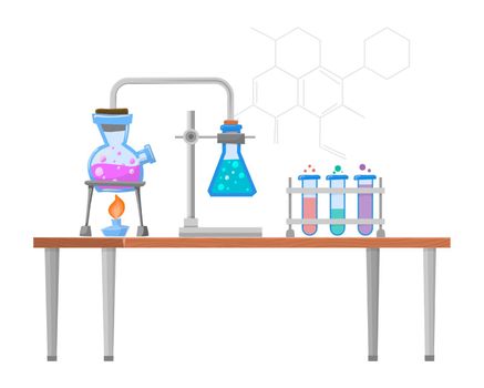 Chemistry lab on desk. Science experiment. Liquid in flask glass. Vector illustration