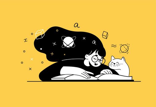 Young girl with the pet cat near her reading and studying math book. training young people to gain knowledge from books and the Internet. design composition onlain students vector.
