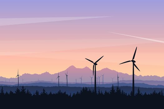 Vector landscape illustration with wind turbines at sunset. Green power of future, sustainable source of energy. Silhouettes of distant mountains and forest, beautiful evening sky colors