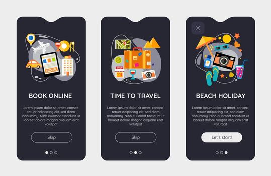 Flat design responsive Time To Travel UI mobile app splash screens template with trendy illustrations