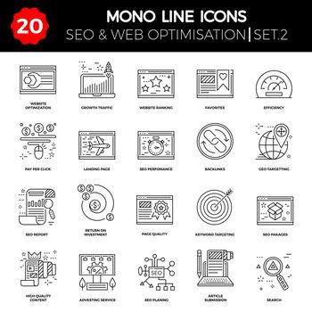 Thin Line Icons Set of Search Engine Optimization, Website and APP Design and Development. Simple Mono Line Pictogram Pack. Stroke Vector Logo Concept, Web Graphic. Vector icons.