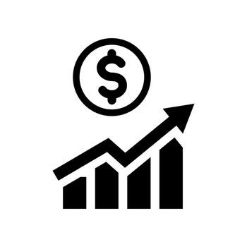 Increase money growth icon in flat style. Progress marketing symbol in black. Dollar infographic icon on white. Simple abstract icon in black. Vector illustration for graphic design, Web, app, UI, mobile app.