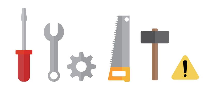 A set of work tool icons. Tool such as screwdriver, wrench, and sawhorse. Editable vector.