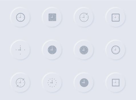 time clock gray vector icons on round rubber buttons. time clock icon set for web, mobile apps, ui design and promo business polygraphy